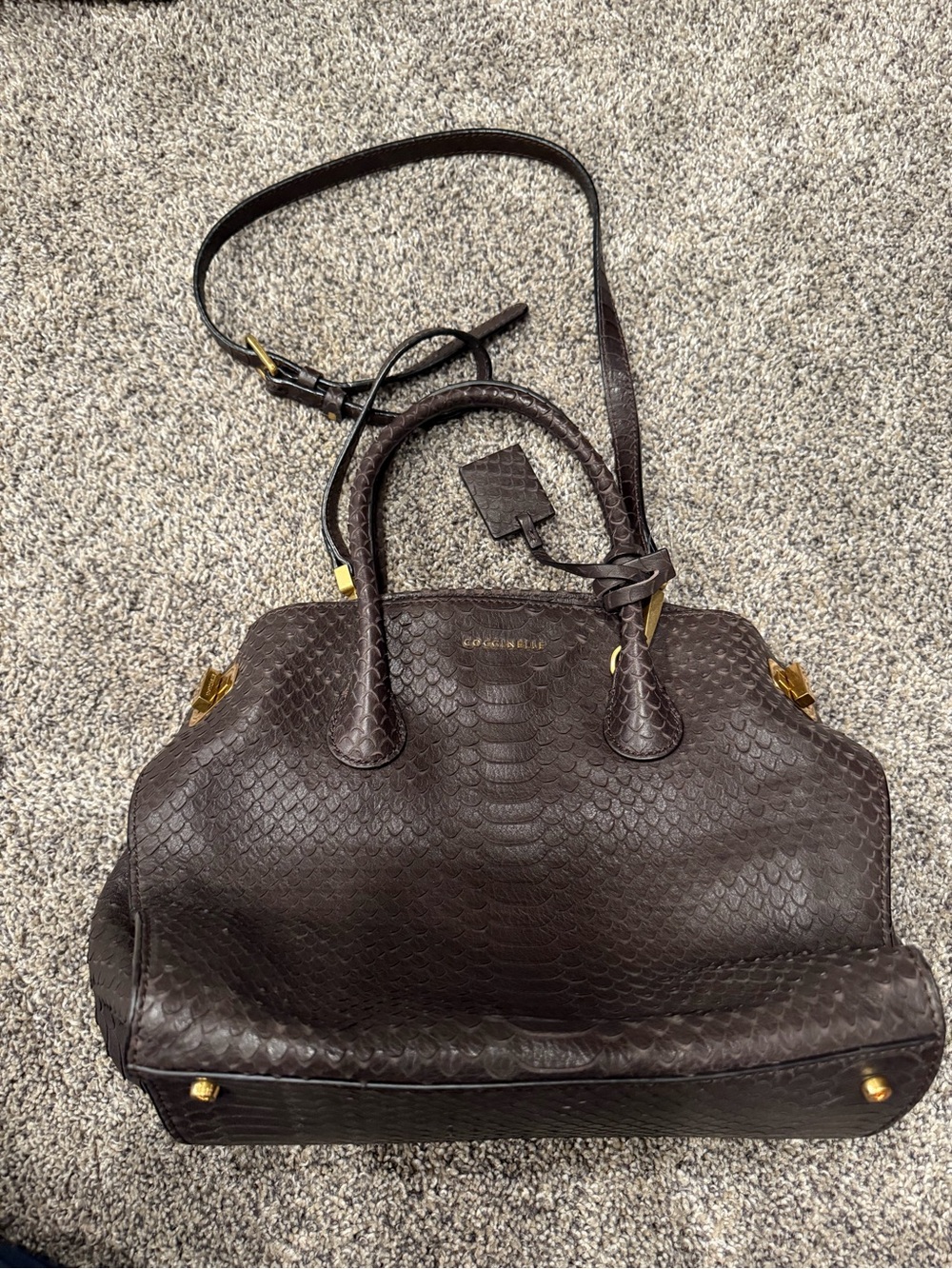 coccinelle Snakeskin-embossed leather shoulder bag EUC